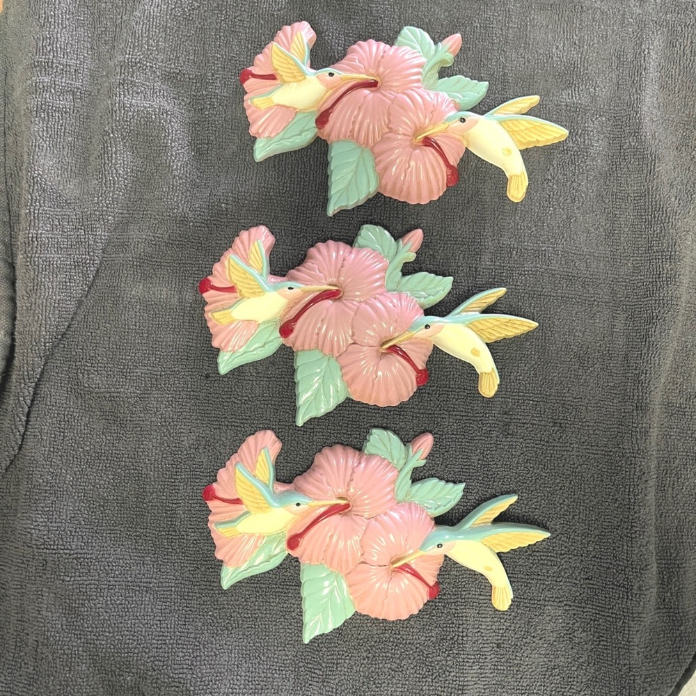 Vintage 1994 Burwood Products Hummingbird Hibiscus Wall Decor Set of 3 3303 USA